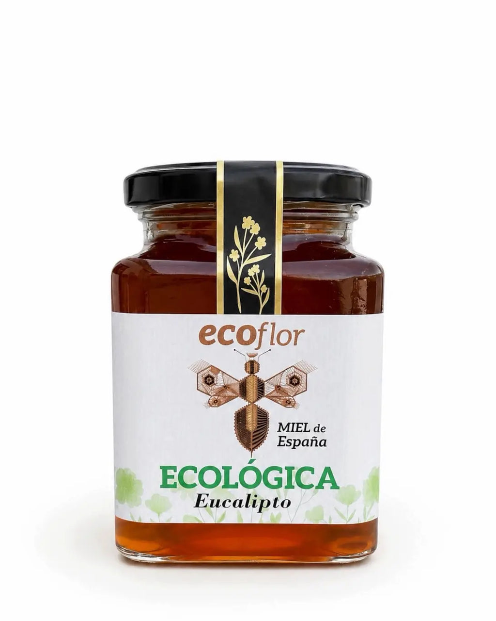 Tarro cuadrado de miel ecológica de Eucalipto marca Ecoflor con etiqueta ilustrada sobre fondo blanco.