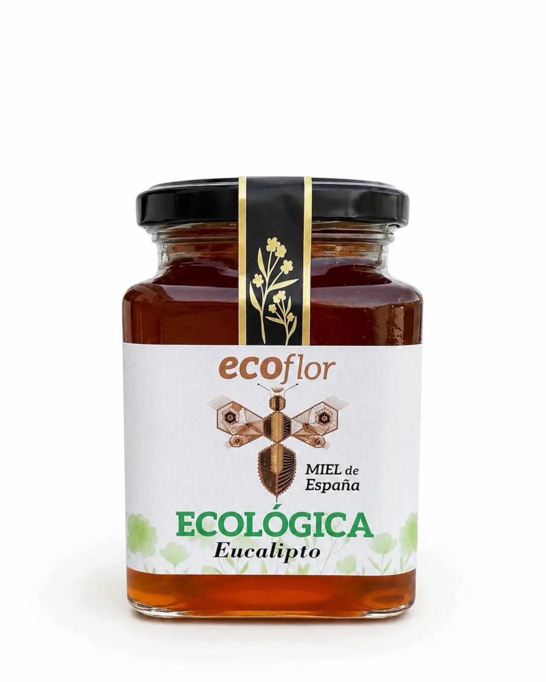 Tarro cuadrado de miel ecológica de Eucalipto marca Ecoflor con etiqueta ilustrada sobre fondo blanco.