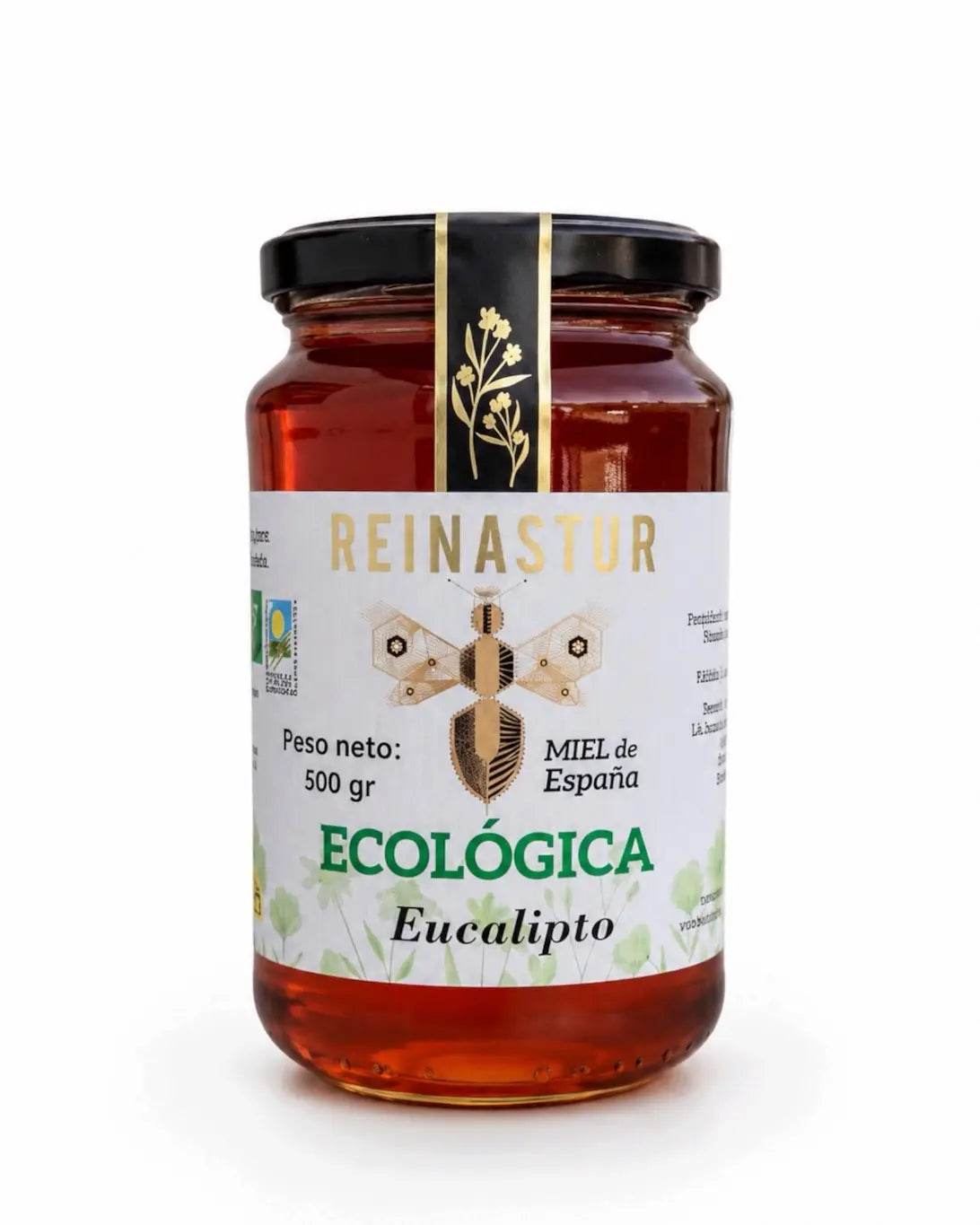 Tarro de 500 gramos de miel ecológica de Eucalipto Reinastur con precinto negro y dorado sobre fondo blanco. la mejor miel de España certificada