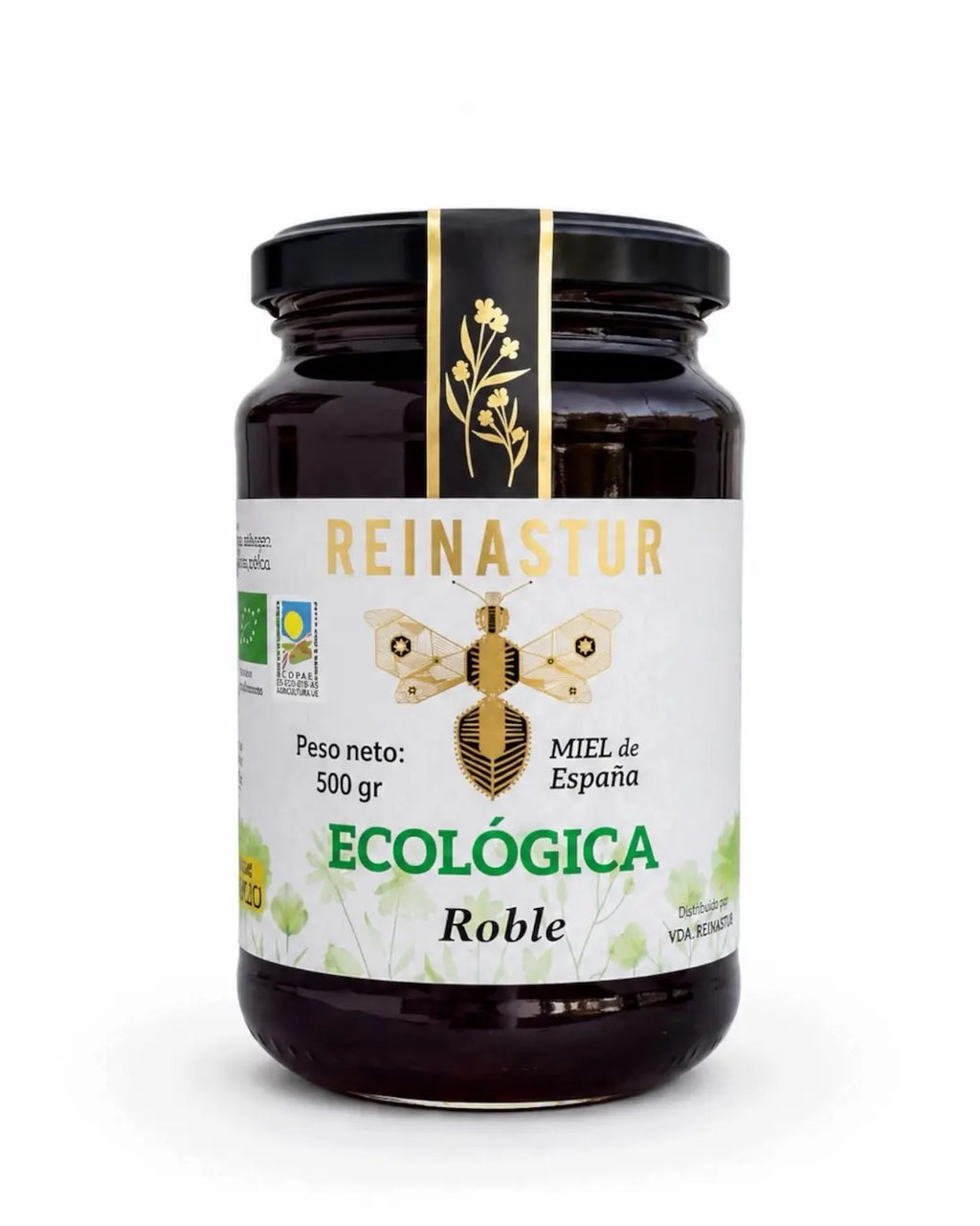 Tarro grande de 500 gramos de miel ecológica y cruda de Roble de la marca Reinastur sobre fondo blanco.