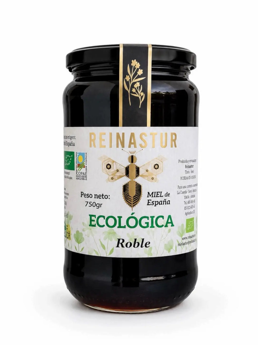 Tarro de 750 gramos de miel ecológica de Roble de la marca Reinastur con etiqueta blanca y detalles dorados sobre fondo blanco.