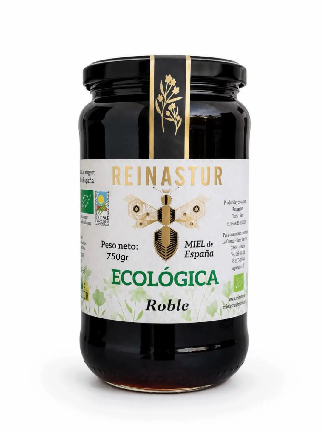 Tarro de 750 gramos de miel ecológica de Roble de la marca Reinastur con etiqueta blanca y detalles dorados sobre fondo blanco.