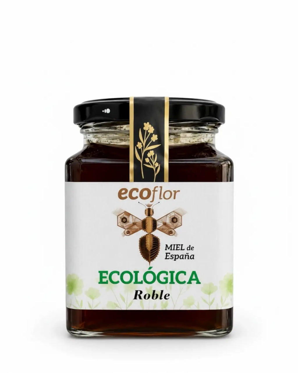 Tarro pequeño y cuadrado de miel ecológica de Roble de la marca Ecoflor con etiqueta blanca y logotipo dorado sobre fondo blanco.