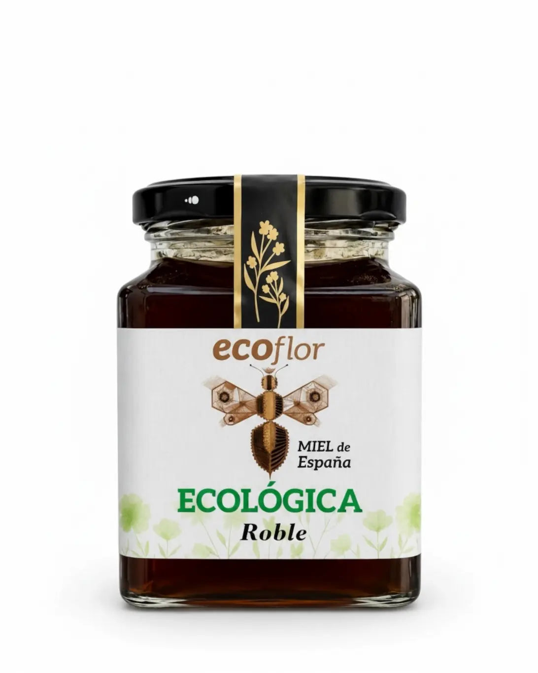 Tarro pequeño y cuadrado de miel ecológica de Roble de la marca Ecoflor con etiqueta blanca y logotipo dorado sobre fondo blanco.