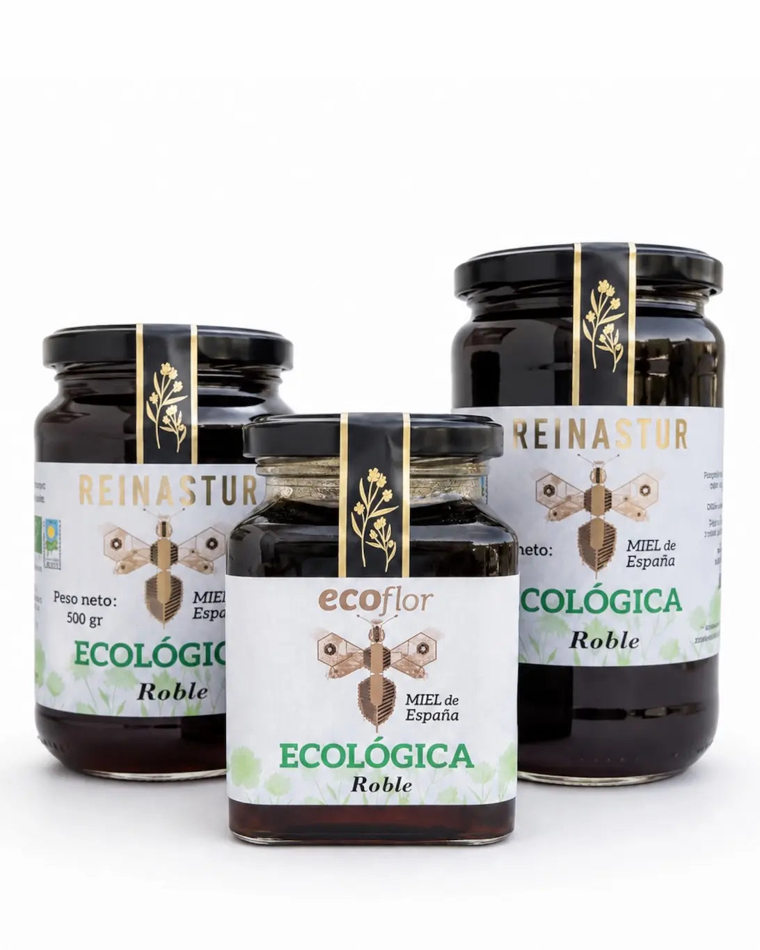 Tres tarros alineados de miel ecológica de Roble en sus diferentes formatos de las marcas Ecoflor y Reinastur sobre fondo blanco.