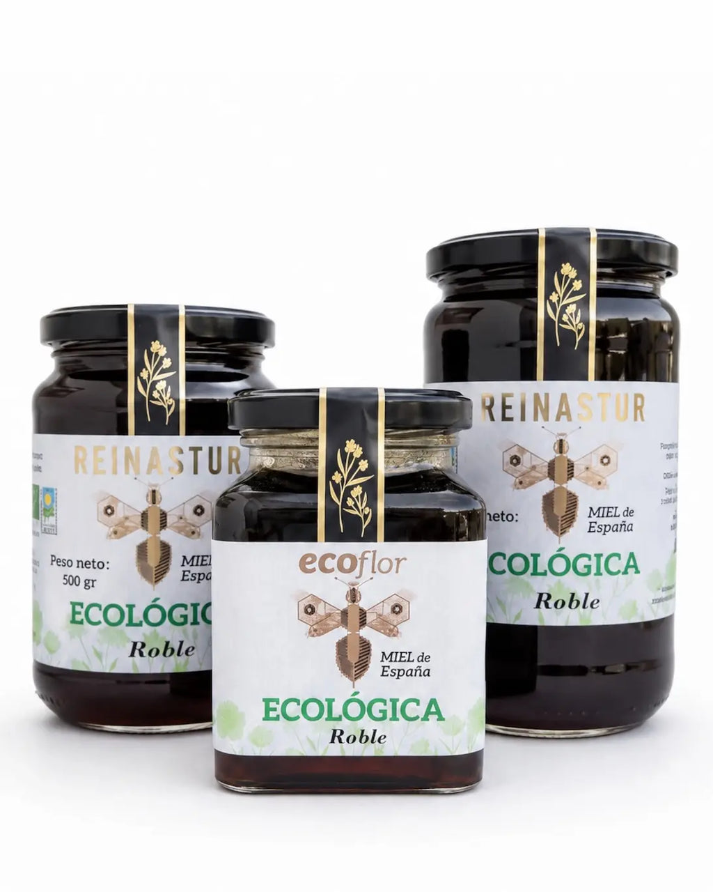 Tres tarros alineados de miel ecológica de Roble en sus diferentes formatos de las marcas Ecoflor y Reinastur sobre fondo blanco.