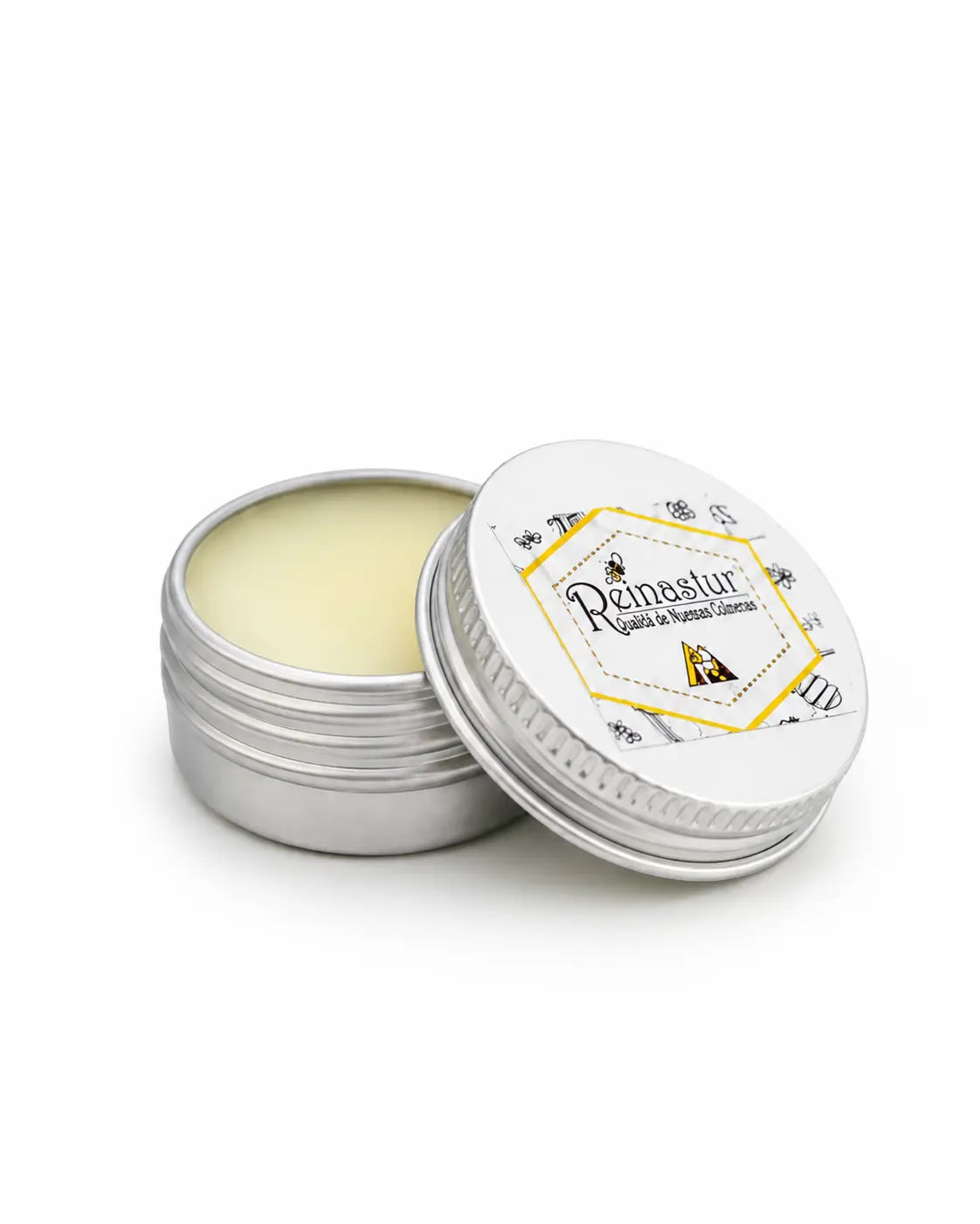 Bálsamo labial ecológico de cera de abeja y miel en formato de latita de aluminio redonda de la marca apícola Reinastur.