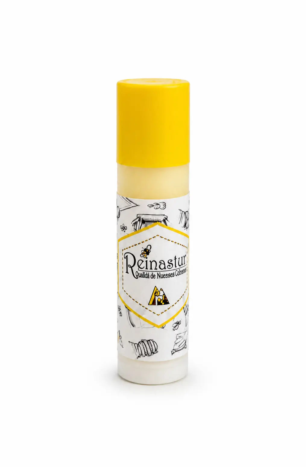 Protector o bálsamo labial de miel artesanal en formato barra de tubo con tapa amarilla, ideal para el cuidado diario de labios agrietados.