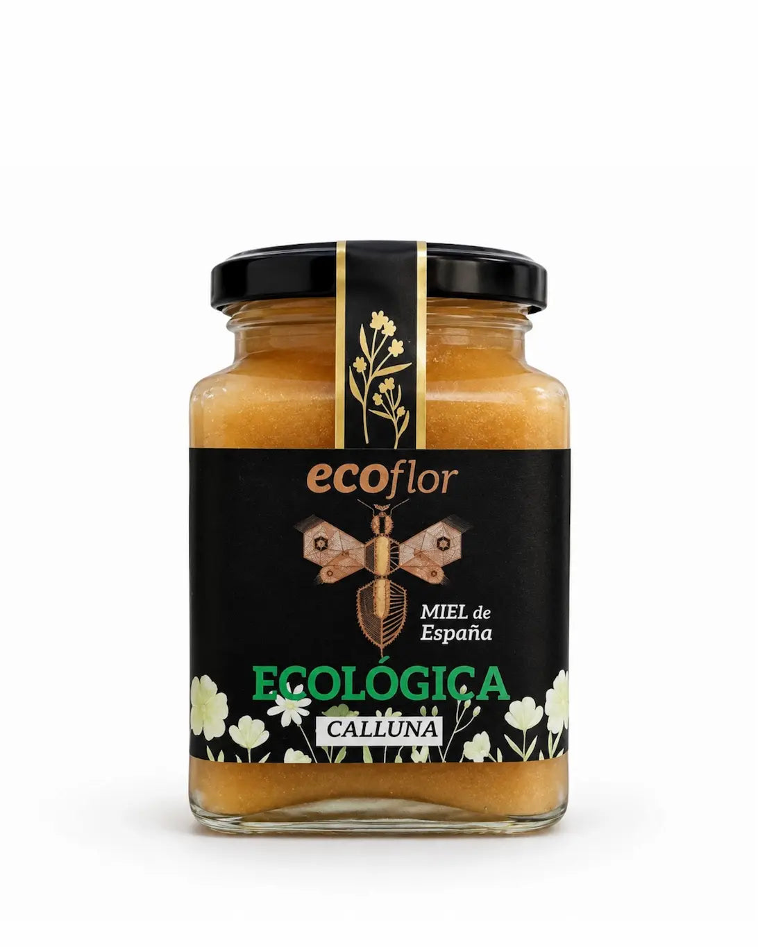 Tarro pequeño y cuadrado de miel ecológica de Calluna de la marca Ecoflor con etiqueta negra y logotipo dorado sobre fondo blanco.