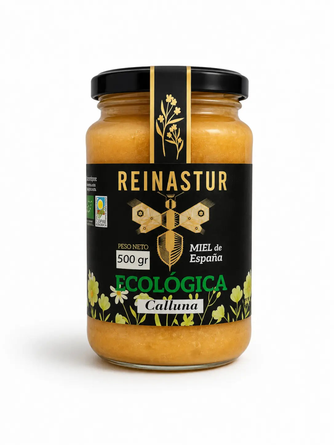 Tarro de 500 gramos de miel ecológica de Calluna de la marca Reinastur con su etiqueta premium de color negro y detalles verdes sobre fondo blanco. la mejor miel de España