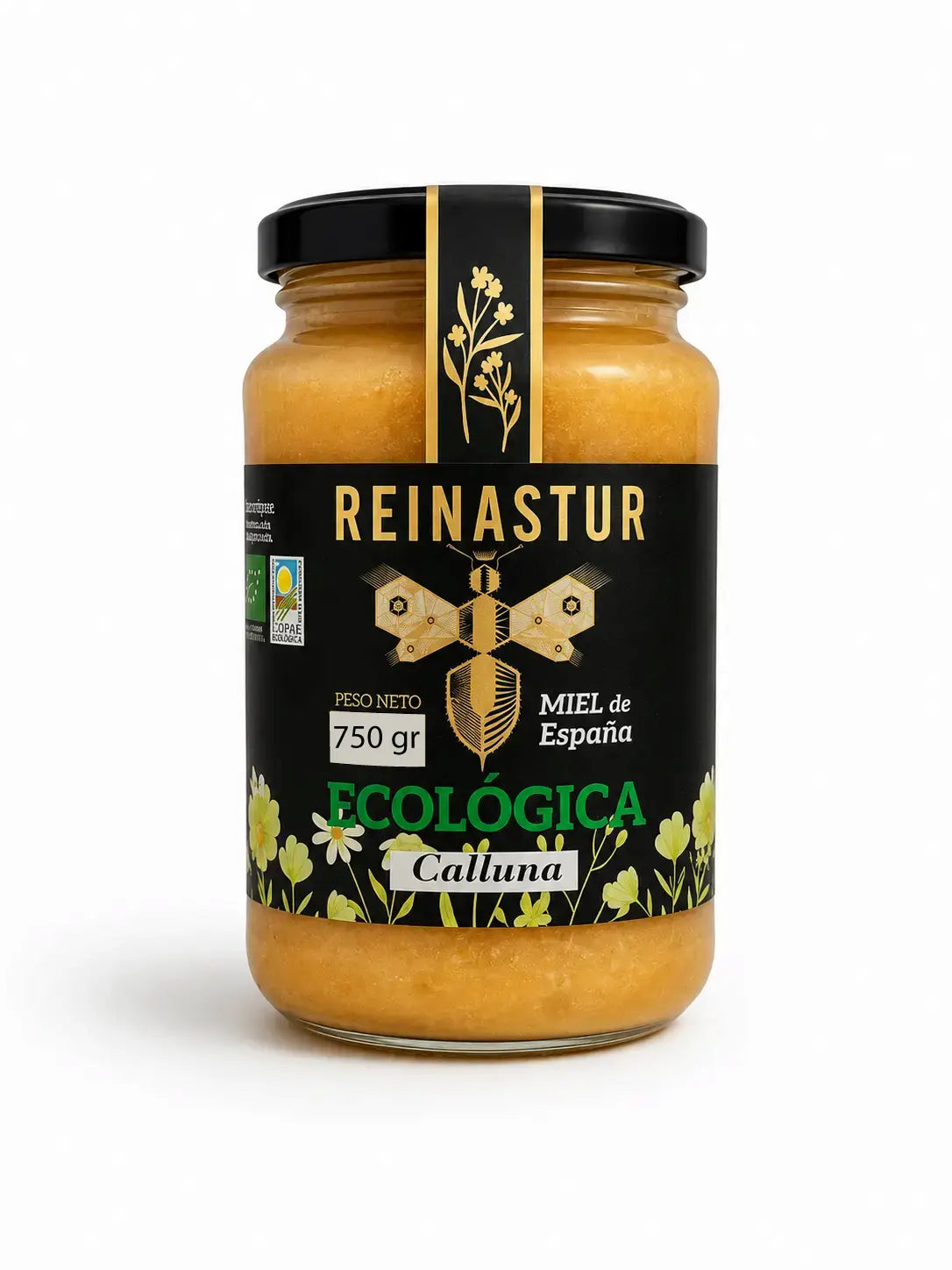 Tarro grande de 750 gramos de miel ecológica y cruda de Calluna de la marca Reinastur con precinto de garantía dorado sobre fondo blanco.