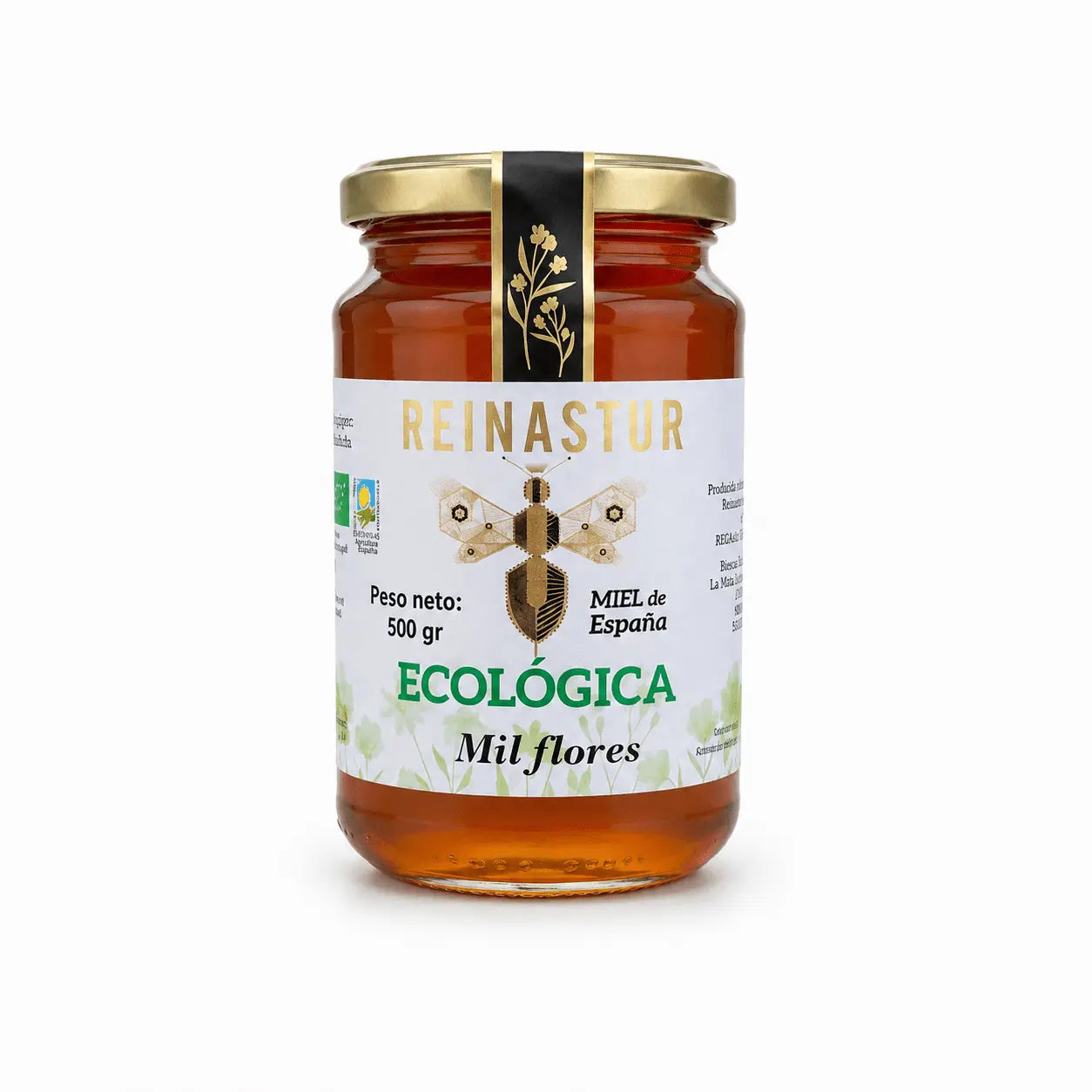Tarro de 500 gramos de miel ecológica de Milflores Reinastur con tapa dorada y etiqueta blanca sobre fondo blanco.