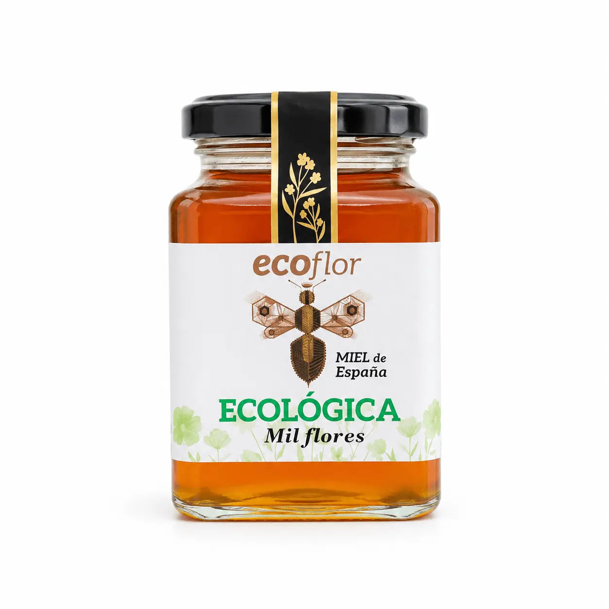 Tarro pequeño y cuadrado de miel ecológica de Milflores marca Ecoflor con tono ámbar dorado brillante.