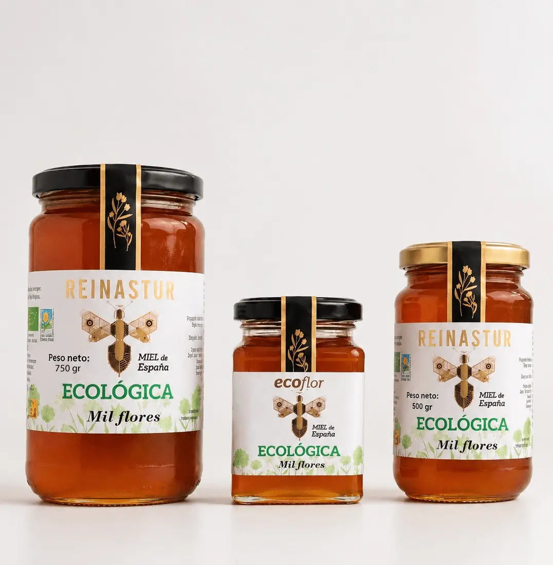 Composición de tres botes de miel ecológica de Milflores de las marcas Ecoflor y Reinastur sobre fondo blanco.