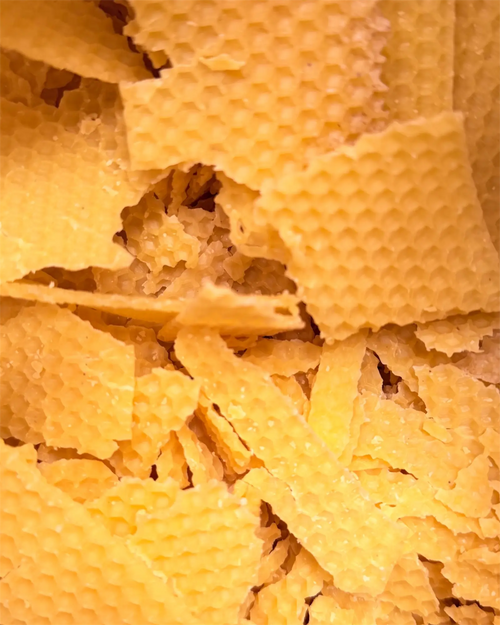 Restos de cera de abeja natural recuperada de nuestras colmenas en Asturias para su reutilización y transformación.